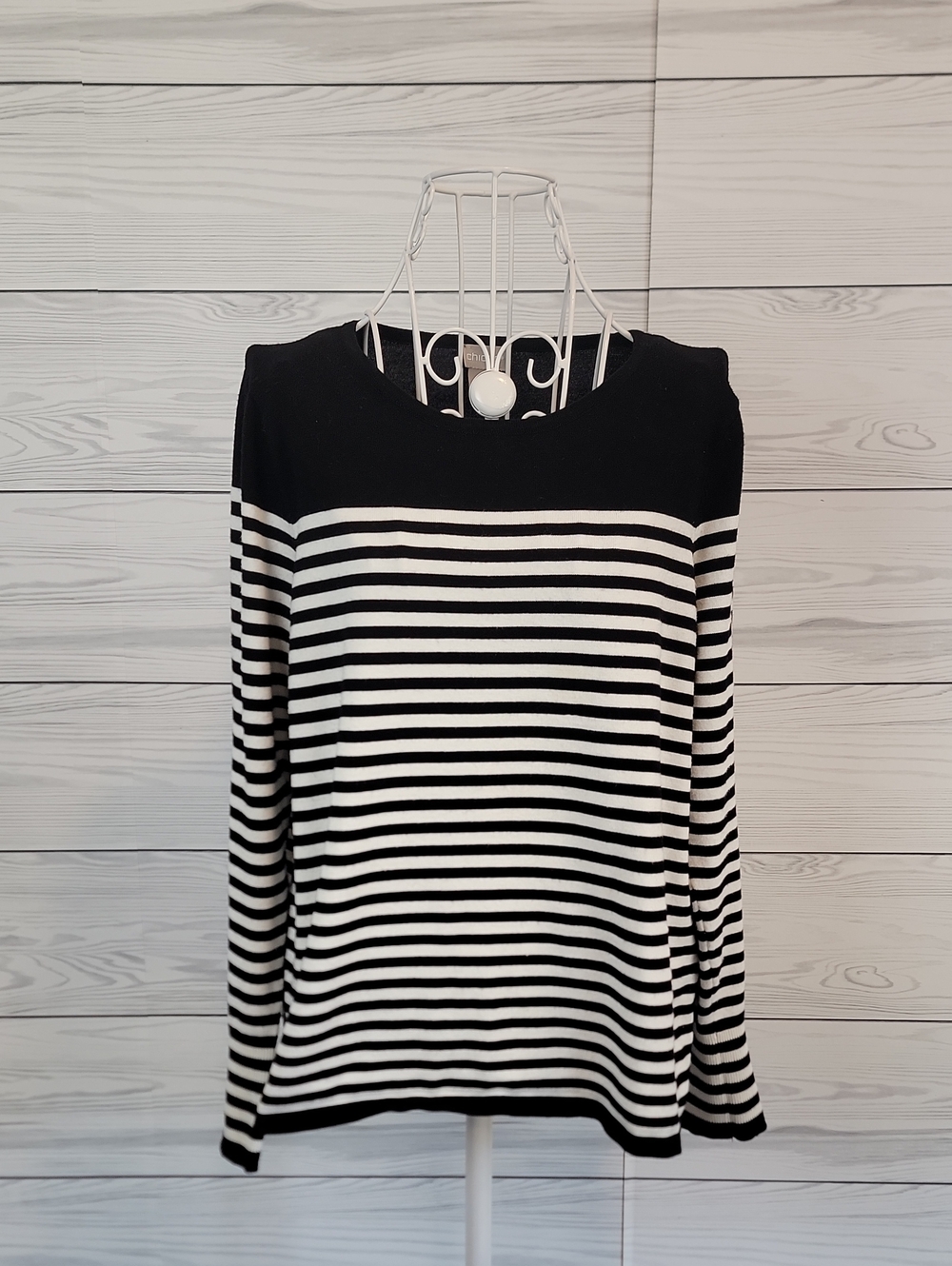 Chico's Black & White Striped Long-Sleeve Boatneck Sweater Womens Size M